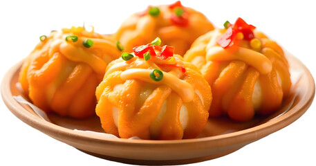 Delicious takoyaki served on a wooden plate with colorful toppings, showcasing culinary art from Japan