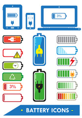 Battery Health Percentage and Battery Life Visuals on gadget screens. Editable Clip Art.