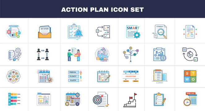 Action plan icon set. Containing planning, schedule, strategy, analysis, tasks, goal, collaboration, and objective icons. Vector illustration collection.
