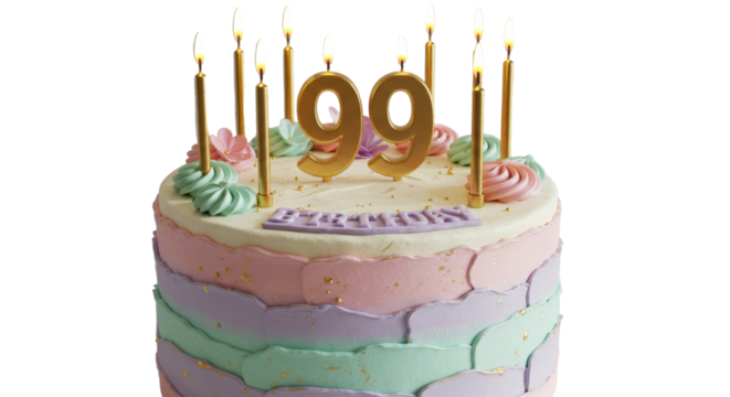 Celebrating Ninety Ninth Birthday with Cake and Lit Candles - Powered by Adobe