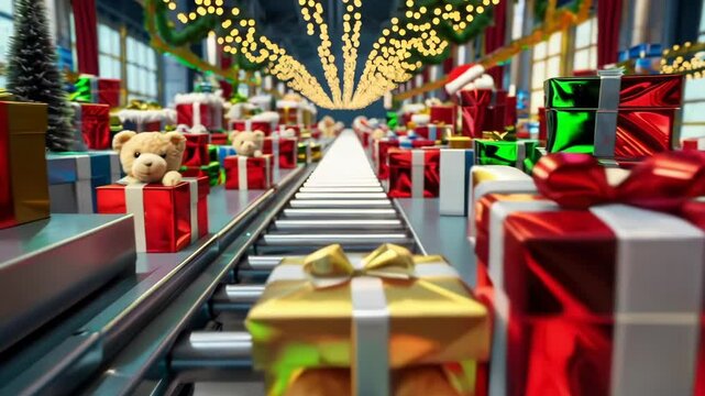 Conveyor belt filled with Christmas presents