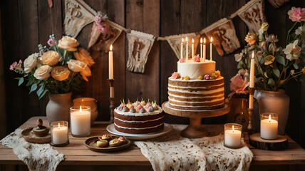 A festive Christmas table setting with golden decorations, candles, and sweet baked desserts