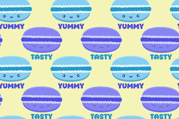 Playful seamless pattern with kawaii macarons and bold texts “YUMMY” and “TASTY” on a soft yellow background. Perfect for kids’ packaging, prints, or sweet-themed designs.

