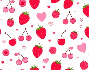 Fototapeta premium Wzór z czerwonymi i różowymi owocami: malinami, truskawkami, wiśniami i różowymi serduszkami. 