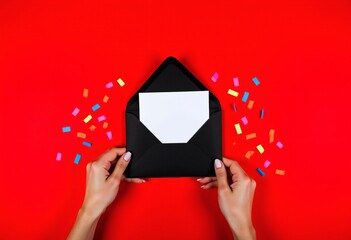 Black Envelope On Red Background Holding Hands With Confiti