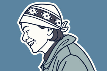 Obraz premium Single smiling date with Eid hat, isolated on blue, sticker style