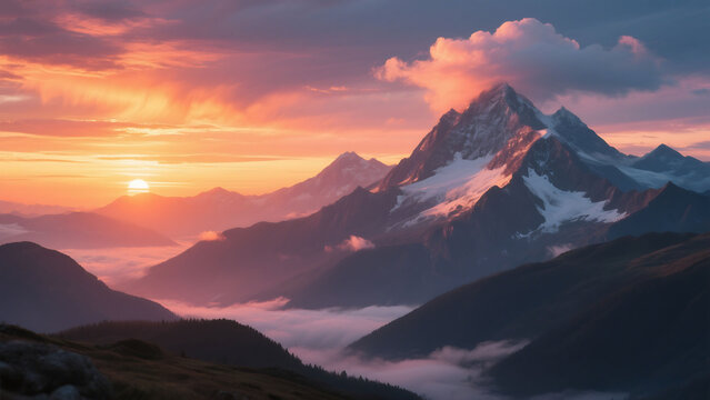 dramatic mountain landscape, epic sunset sky with vibrant colors, serene lake reflecting the scenery, mist and fog in the valley, dramatic rocky peaks and ridges, cinematic lighting and mood, stunning