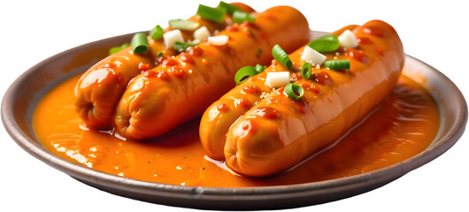 Savory currywurst served on a plate in a bustling street food market during midday