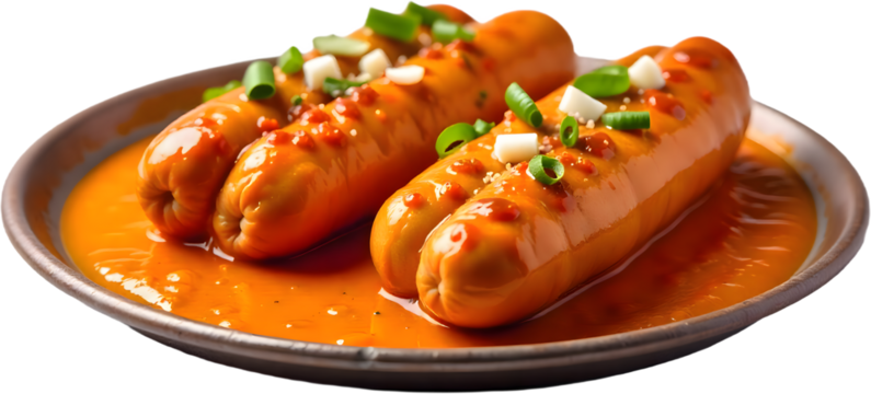 Savory currywurst served on a plate in a bustling street food market during midday