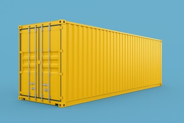 Bright Yellow Shipping Container Isolated on Blue Background Modern Cargo Transportation Industry Global Logistics International Trade Sea Freight Delivery Export Import Business Supply Chain         