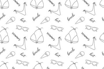 Seamless summer pattern with bikini, sunglasses, ice cream cones and “summer”, “hot”, “beach” lettering. Black outlines on transparent background. Ideal for summer prints and fabric.

