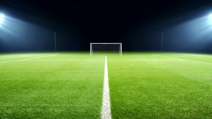 A well-lit soccer field at night, featuring a goalpost and vibrant green grass under stadium lights - Powered by Adobe
