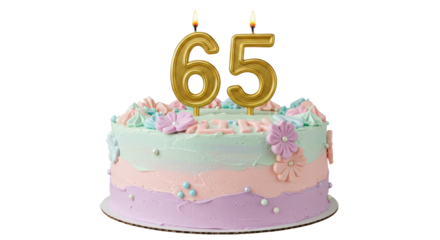 Celebrating 65 Birthday Cake with Candles and Pastel Decoration