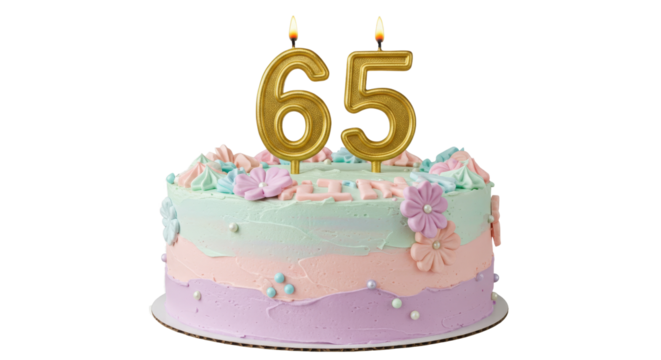 Celebrating 65 Birthday Cake with Candles and Pastel Decoration - Powered by Adobe