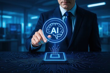 A businessman strategically activating artificial intelligence technology symbolizes innovation and decision-making driving business growth and efficiency
