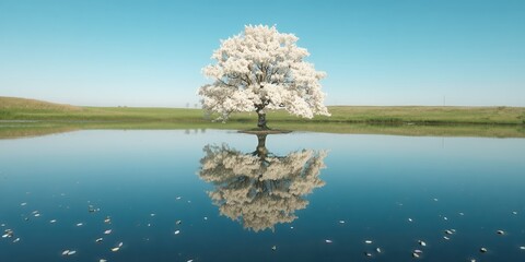 Serene spring landscape with blossoming tree reflection