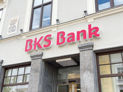 Bks bank exterior building signage on stone facade in urban setting