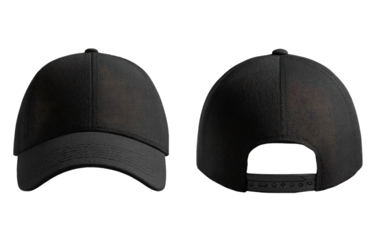 A dark-grey baseball cap is shown from the front and back, showcasing its simple design and adjustable strap at the rear.  The fabric appears to be a soft, possibly cotton, material