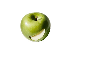Green apple with a bite taken out of it.  A close-up view of a fresh, vibrant green apple, with a portion of the fruit removed, revealing a pale interior