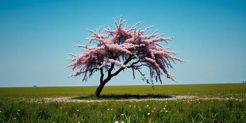 Single blooming pink tree in a green field under blue sky