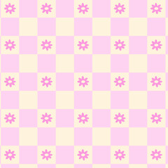 Pink checkerboard seamless pattern design with flowers