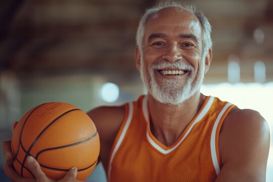 Senior Basketball Player Holding Ball Indoors