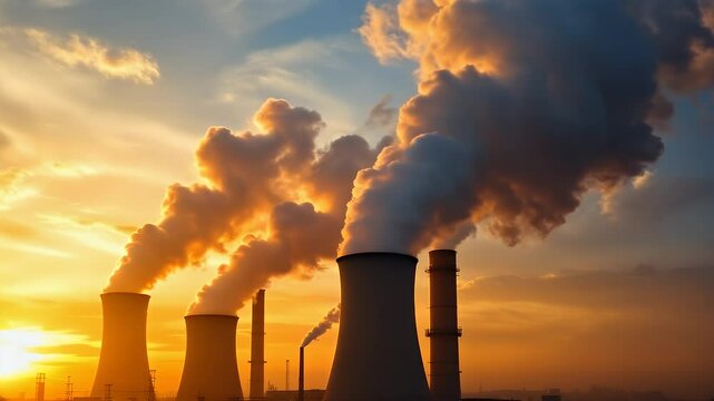 Industrial pollution at sunset: Dark silhouettes of power plant smokestacks spewing smoke against a dramatic sky.