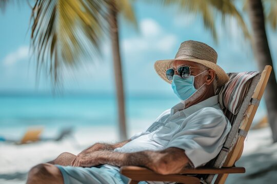 Senior man in medical mask relaxing on beach