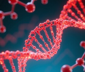 Generative ai image of DNA sequences and molecules with red glowing effect
