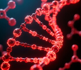 Generative ai image of DNA sequences and molecules with red glowing effect