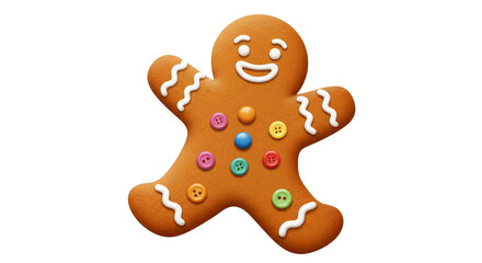 Smiling Gingerbread Man Cookie Decorated with Buttons on White Background