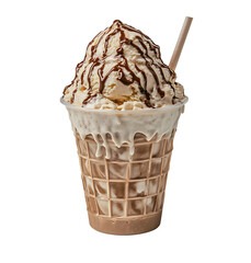 chocolate ice cream in a plastic with chocolate and colorful cream blended on top