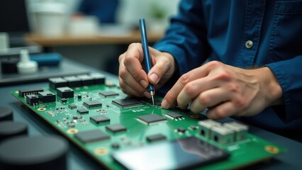 Technician skillfully works on a circuit board with precision tools, highlighting advanced technology and electronics assembly
