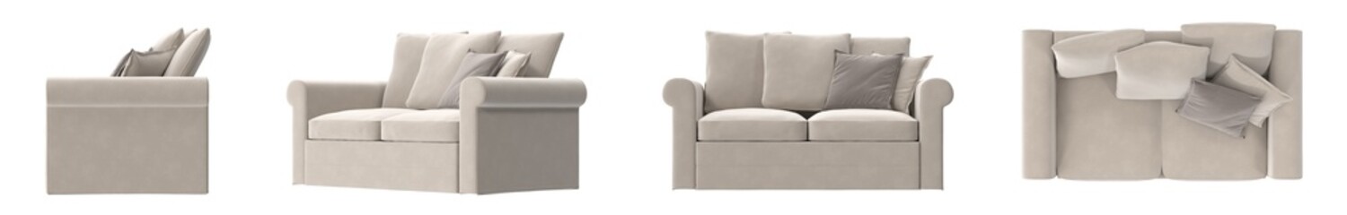 .A beige couch with pillows on it. The couch is in a picture with four different angles.