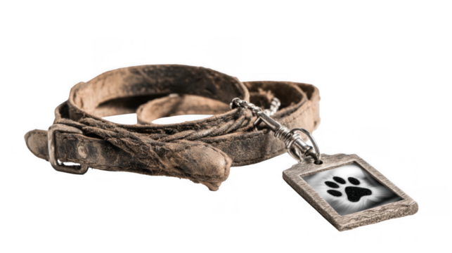 Old, mud caked leather leash with a paw print tag evokes feelings of grief and remembrance for a beloved pet, set against a transparent background