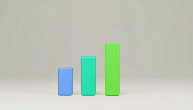 Minimalist 3D bar chart with blue, teal, and green bars on a light background, illustrating growth or data comparison.