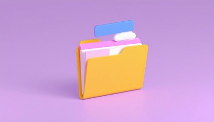 A yellow file folder with colorful documents inside, placed on a purple background, representing organization and office work.