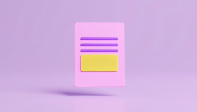 Minimalist 3D icon of a document or form in pink, purple, and yellow on a pastel purple background.