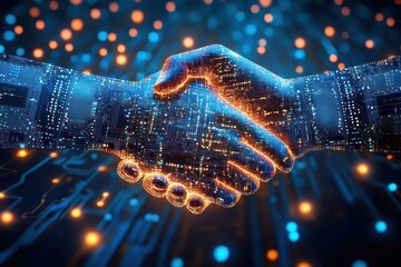 Business handshake over glowing circuit board background