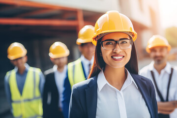 Female engineer wearing a hard hat and glasses, leading a diverse team of professionals at a construction site