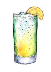Colorful layered cocktail with ice cubes and lemon slice in a highball glass. Watercolor illustration isolated on transparent background. Gin fizz. Refreshing drink and summer cocktail concept