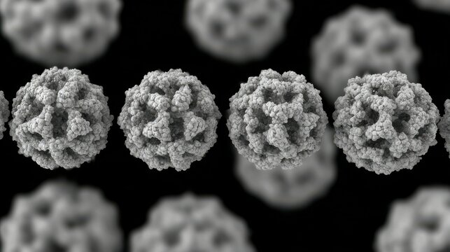 Brome mosaic virus capsids forming a row, floating on a black background