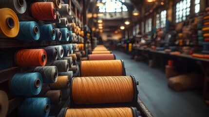 Intricate Artistic Display of Colorful Bookbinding Thread Spools in a Traditional, Soft-Lit Crafting Facility