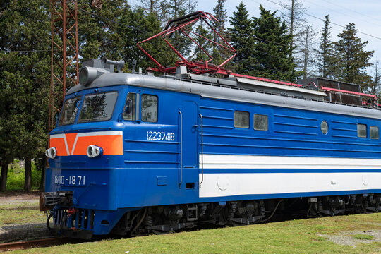 GAGRA, ABKHAZIA - MAY 12, 2025: The front part of the Soviet mainline electric locomotive VL10 on a sunny May day