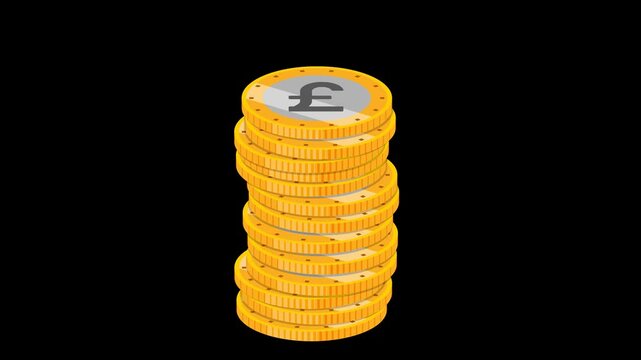 single stack of falling british pound sterling coins alpha channel transparent
