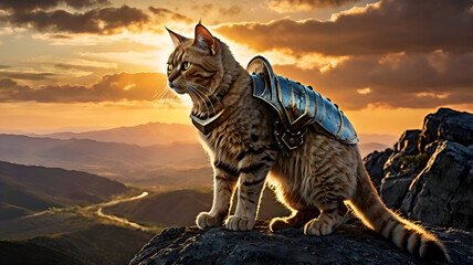 Obraz premium A fluffy tabby kitten with green eyes sits in the grass, its fur glowing against a vibrant sunset sky