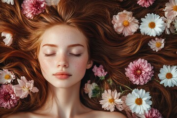 Naklejka premium Floral haircare concept with woman and fresh flowers