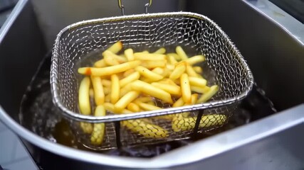 Crispy golden french fries sizzling in hot oil: a delicious deep fried potato treat preparation