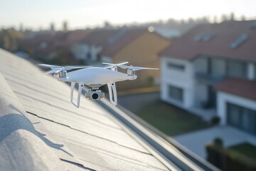 Drone inspecting house roof from above with camera
