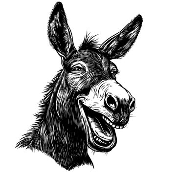 A detailed black and white illustration showcases a smiling donkey's head, emphasizing its joyful expression.